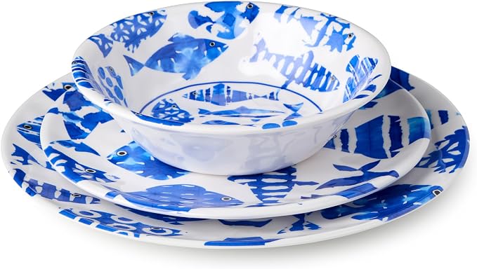 Fish Tale 12 Pc. MELAMINE DINNERWARE SET, SERVICE for 4 – Cobalt Blue Fish School, Outdoor Plates Bowls, Shatterproof Coastal Dining, Poolside Patio Entertaining, Mediterranean Dreams for Every Meal