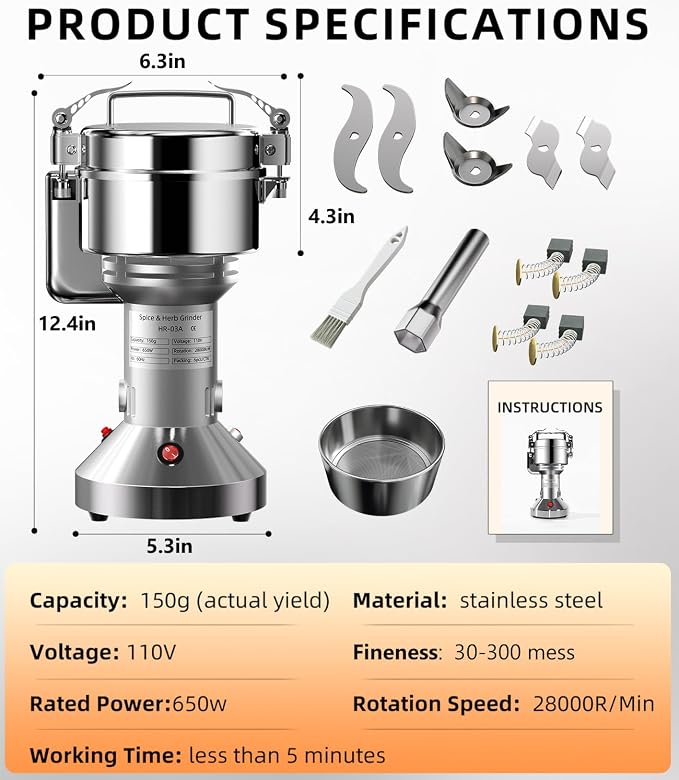Electric Grain Mill 150g, Flour Grinder Mill Stainless Steel for Home, Counter Grain Grinder for Wheat, Rice, Wheat Berry, Corn, Herbs, Spices, Oats