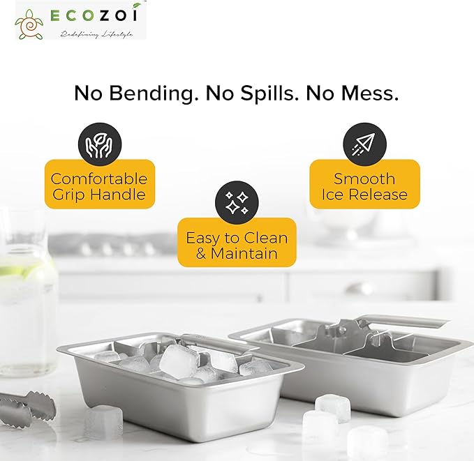 Ecozoi Stainless Steel Metal Ice Cube Trays With Easy Release Handle - 2 Pack | 12 Large Ice Cube Slots | Removable Slots For Easy Ice Cube Removal And Cleaning | Eco Friendly, Plastic Free