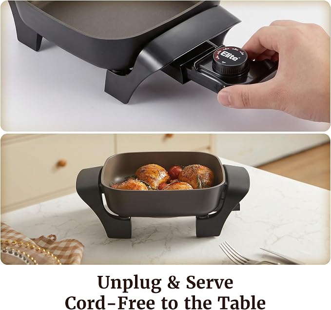 Elite Gourmet EG808C Electric Skillet 8"x8" PFAS-Free Ceramic Non-Stick, Tempered Glass Vented Lid, Removable Thermostat 200–400°F, Dishwasher Safe, 2.5-Qt Capacity for One-Pot Meals, Black