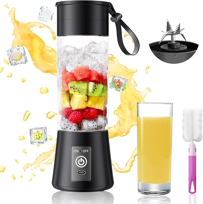 Portable Blender for Shakes and Smoothies - Newly Upgraded 13 Oz Mini Blender with 6 Blades, USB & Type-C Rechargeable, Suit for Making Fresh Juice, Convenient for Travel Sports