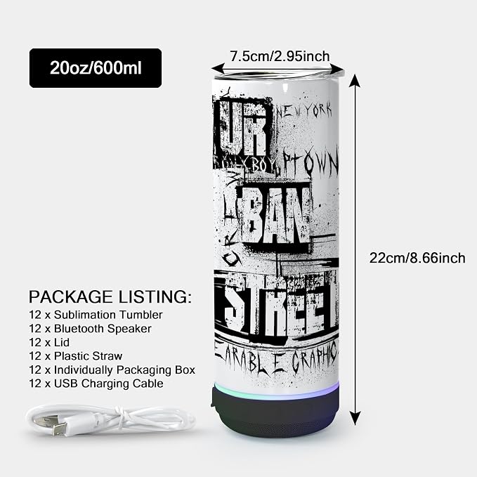 sweet grain Music Speaker Tumbler(12Pack) - 20 oz Sublimation Tumbler Skinny Straight with Speaker, Straw & USB Charging Cable, Music Tumbler Cup - Black