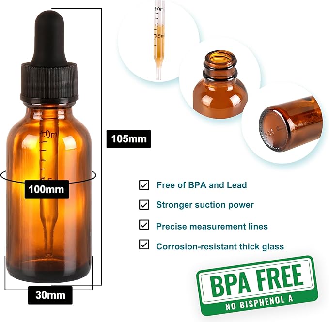 NOOEEISS 48 Pack,1oz Glass Dropper Bottle, Amber Tincture Bottles with Dropper,Pretty Finish for All Kinds of Liquids,Oil Bottles for Hair- Stronger Suction ideal for Leakproof Travel