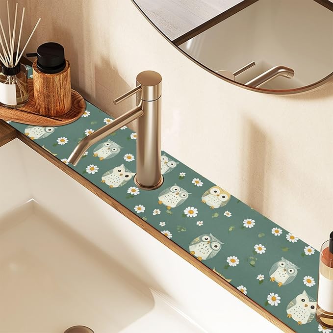 Kitchen Sink Splash Guard 1 PC 14.7 Inch Sink Faucet Mat Splash Guard for Bathroom Countertop Water Absorbent Foldable Cuttable Soft Washable White Daisy Flower Owls