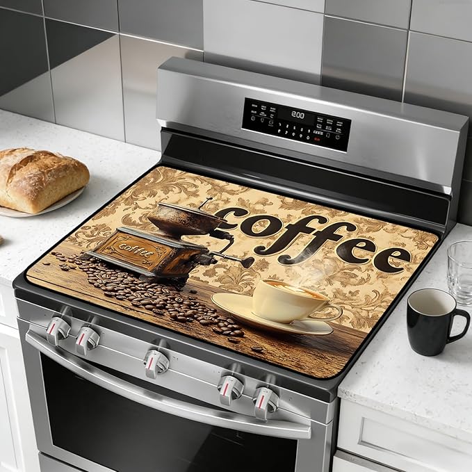 Stove Top Cover for Electric Stove, Vintage Farmhouse Style Glass Cooktop Protector, Multi-functional Kitchen Counter & Washer Top Cover