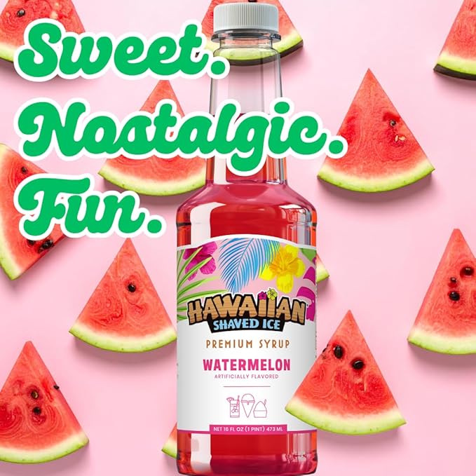 Hawaiian Shaved Ice Syrup Pint, Watermelon Flavor, Great For Slushies, Italian Soda, Popsicles, & More, No Refrigeration Needed, Contains No Nuts, Soy, Wheat, Dairy, Starch, Flour, or Egg Products