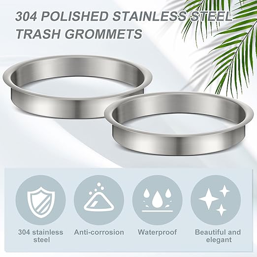 Honeydak 2 Pieces 6" (Nominal) Diameter x 1" Height 304 Polished Stainless Steel 6" x 1" Trash Grommets for Countertop Inserted Trash Kitchen Cabinet Counter Bin, Ease to Install