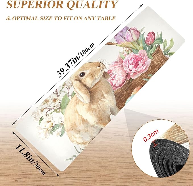 2 in 1 Table Runner Trivet for Hot Pots and Pans Heat Resistant Non Slip Waterproof 39 x 12 Inch Decorative Table Protector for Kitchen Countertop Easter Bunny Eggs Flowers