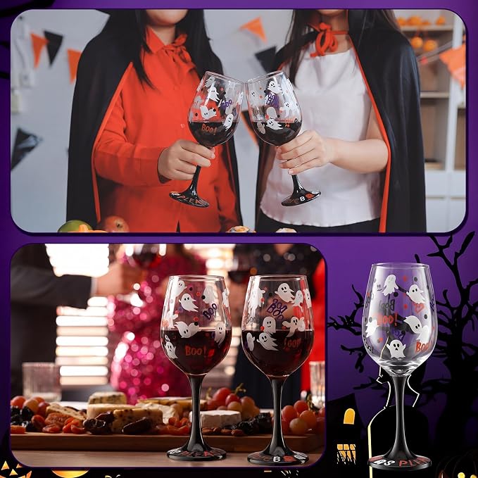 SiliFine 2 Pcs Halloween Ghost Theme Party Stemmed Wine Glasses Hand Painted Drinking Cup Wine Glasses Gifts for Halloween Birthday Theme Holiday Party Supplies
