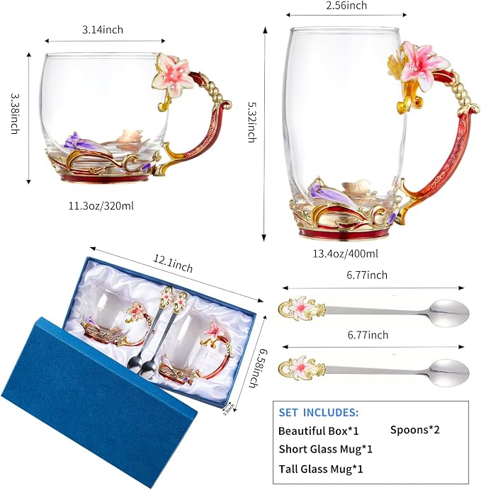 Tea Cup Glass Coffee Mugs,Fancy Cup Set Birthday Christmas Valentine's Day Gift Idea for Tea Lover and Women Novelty Coffee Mugs Lily Flower Enamel Tea Cup with Spoon