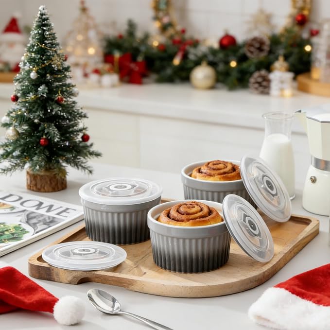 vancasso 6 oz Ramekins with Lid, Porcelain Creme Brulee Souffle Dishes,Set of 6, Grey Pudding Custard Cups Ramiken for Baking, Dishwasher and Oven Safe