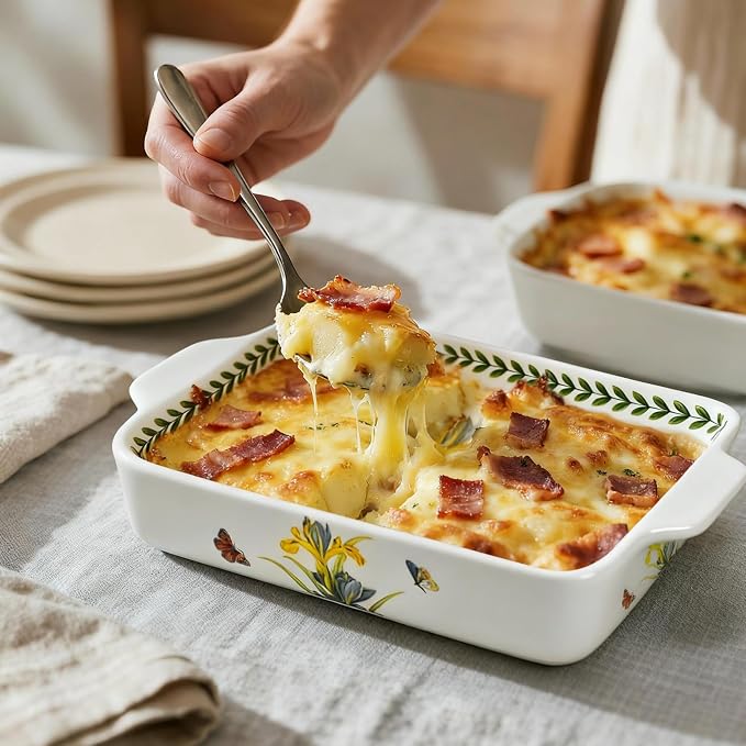 ACMLIFE Ceramic Casserole Dish Set, Ceramic Baking Dish for Oven, Casserole Dish Bakeware Set, Casserole Dishes for Oven, Lasagna Pan, Large Baking Dishes with Handles, Microwave, Dishwasher Safe, Gift Packaging Floral 2 Pcs Set(13"x8"+10.3"x6.3") (Iris)