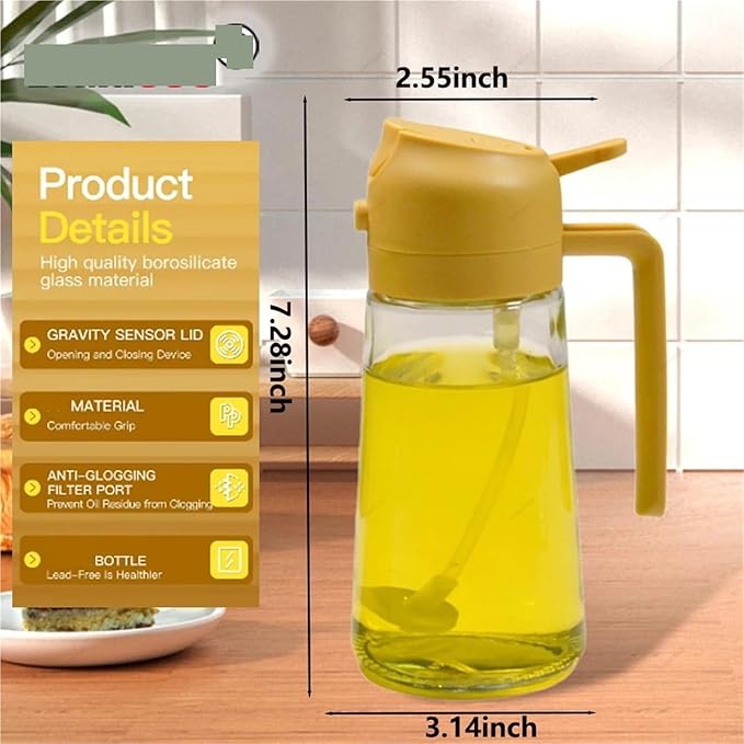 2-in-1 Oil Sprayer & Pourer – 16oz / 500ml Oil Bottle for Kitchen, BBQ, Baking, Salad – Black/White/Green/Yellow(Mix 4Pcs)