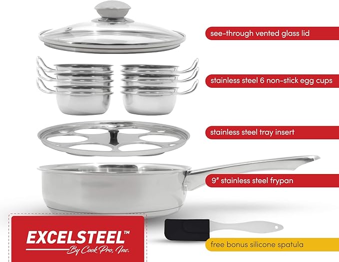 EXCELSTEEL Non Stick Easy Use Rust Resistant Home Kitchen Breakfast Brunch Induction Cooktop Egg Poacher, 6 Cup, Stainless Steel, Round