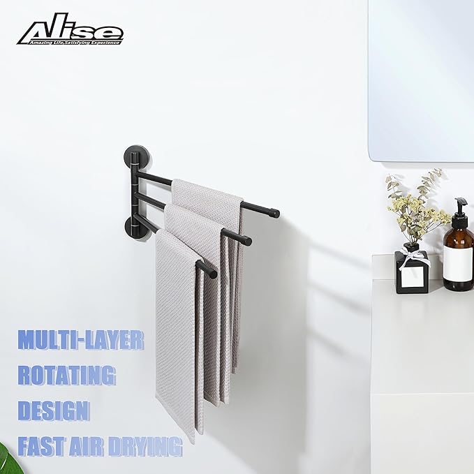 Alise Swivel Towel Rack,Folding 3 Arms Hand Towel Bars Towel Hanger for Bathroom,Wall Mount Drying Racks for Laundry,SUS304 Stainless Steel Swing Out Towel Holder Storage Space Saving,Matte Black