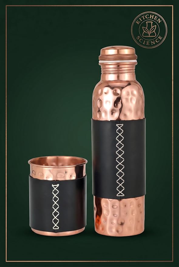 Kitchen Science -Authentic 34oz/1000ml Copper Water Bottle with Tumbler and Leather Sleeves – Leak-Proof, Lab-Tested