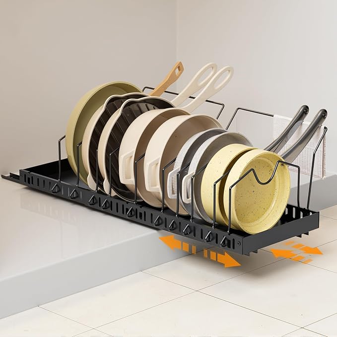 DTUQYX Pull-out Pots and Pans Organizer Under Cabinet - 1 Pack Expandable Pot and Pan Organizer Rack with 10 Adjustable Dividers for Pot, Cutting Board, Dishes, Lid, Baking Tray