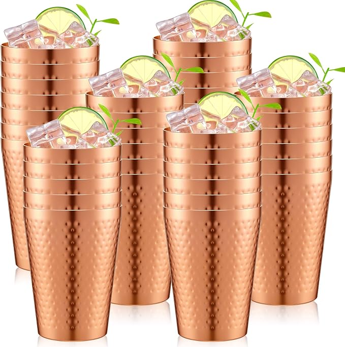 Tanlade 36 Pcs Aluminum Cups Bulk, 14 oz Copper Color Water Tumblers, Metal Cups for Drinking, Hammered Surfaces Mirror Finish Stackable Cold Glasses for Red or White Wine Iced Coffee (Gold)