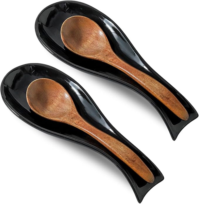 Ceramic Spoon Rest for Stove Top, Large 8.7 Inch Spoon Holder for Kitchen Counter, Porcelain Utensil Rest for Ladle, Spatula, Housewarming Gift, Dishwasher Safe and Heat-Resistant, Black, Set of 2
