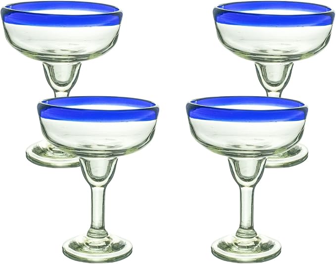 Cobalt Blue Rim Margarita Glasses Set of 4 – Hand Blown Mexican Glassware – 14 oz Recycled Glass Margarita Glass – Hand blown Mexican Drinking Glasses for Cocktails & Tequila