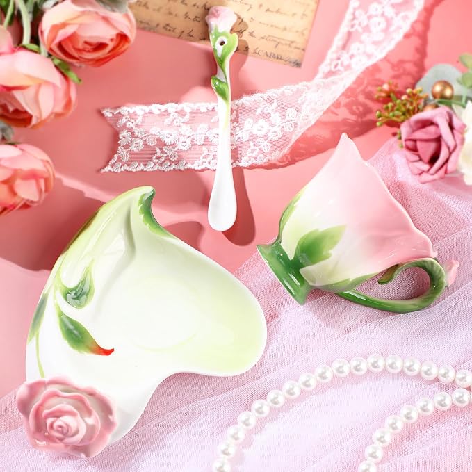 Dandat Ceramic Rose Tea Cups and Saucers with Spoon Rose Flower Shaped Cup and Sauce Set Cute 6oz Tea Cups Flower Mug Mother's Day Grauation Birthday Appreciation Teacher Gifts for Home Office Kitchen