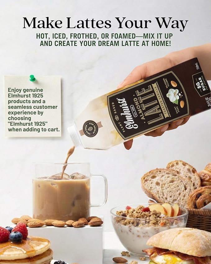 Elmhurst 1925 Toasted Almond Vanilla Latte – Plant-Based, Vegan, Dairy-Free Plant Milk Latte Made of Cold Brew Premium Arabica with 95mg Caffeine & Madagascar Vanilla – 25.4oz (Pack of 6)
