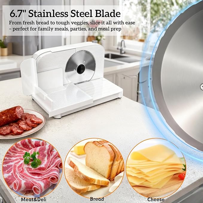 Meat Slicer for Home, 150W Foldable Deli Meat Slicer with 6.7'' Blade, Child Lock Protect Electric Bread Slicer, Adjustable Thickness Portable Food Cutter Machine for Spam Breads Meat (White)
