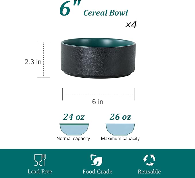 26 OZ Ceramic Cereal Bowls Set, 6 Inch, Set of 4, Modern Green | Handcrafted, Dishwasher & Microwave Safe, For Breakfast, Soups, Oatmeal, Ramen, Pho, Udon, Soba