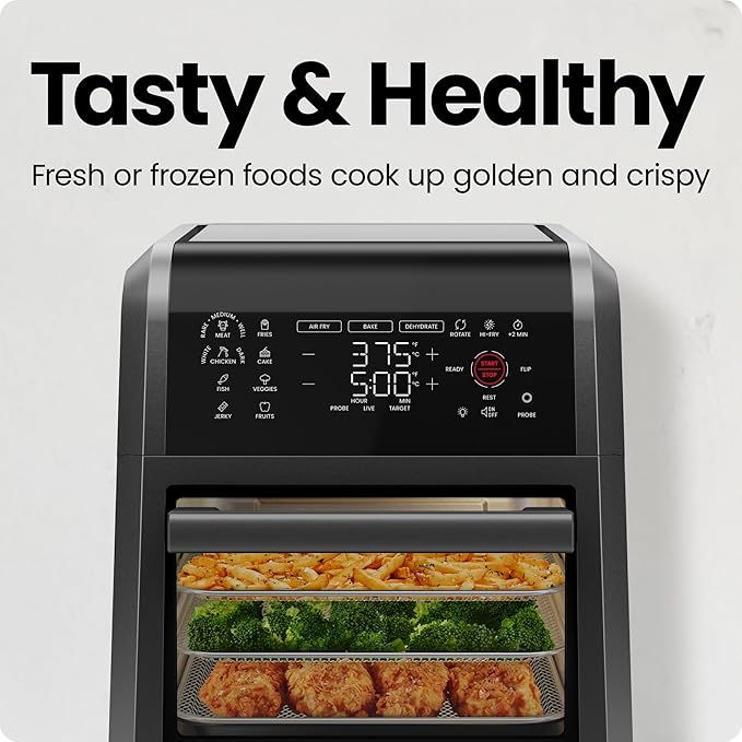 CHEFMAN ExacTemp™ 12 Quart 5-in-1 Air Fryer with Integrated Smart Cooking Thermometer, 28 Touchscreen Presets, Rotisserie, Dehydrator, Bake, XL Convection Oven with Auto Shutoff, Black