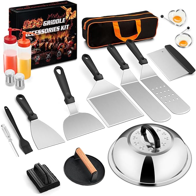 Joyfair 18Pcs Griddle Accessories Kit for Blackstone, (PP Handles) | Flattop Grilling Accessory Set With Smash Burger Press, Stainless Steel Spatula Tool, Basting Cover For Outdoor BBQ Cooking