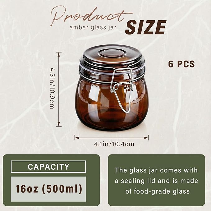 Norme 6 Pack 16oz Amber Airtight Glass Jars with Lids, Round Food Storage Container Airtight Food Wire Clip Fastening for Sauerkraut Flour Kitchen Sugar Cereal Kitchen Canning Pickling Mason Jars