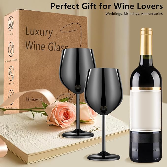 UNISWEET Stainless Steel Wine Glasses Set of 4 Unbreakable Wine Glass 18 oz Unique Metal Wine Goblets for Outdoor, Travel, Camping, Pool, Ideal Gift for Wine Lovers (Mirror-Black)