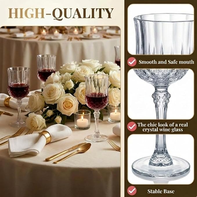 Pinkunn 6 Pcs 7 oz Plastic Vintage Wine Glasses Reusable Colored Goblets Patterned Drinking Water Glasses Cup Dishwasher Safe for Mother's Day Wedding Reception Party Supplies (Transparent)