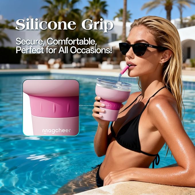 16 oz Cocktail Tumbler with Lid and Straw - Stainless Steel Insulated Margarita Tumbler - 320° Sippable Stemless Wine Cup for Party | Pink
