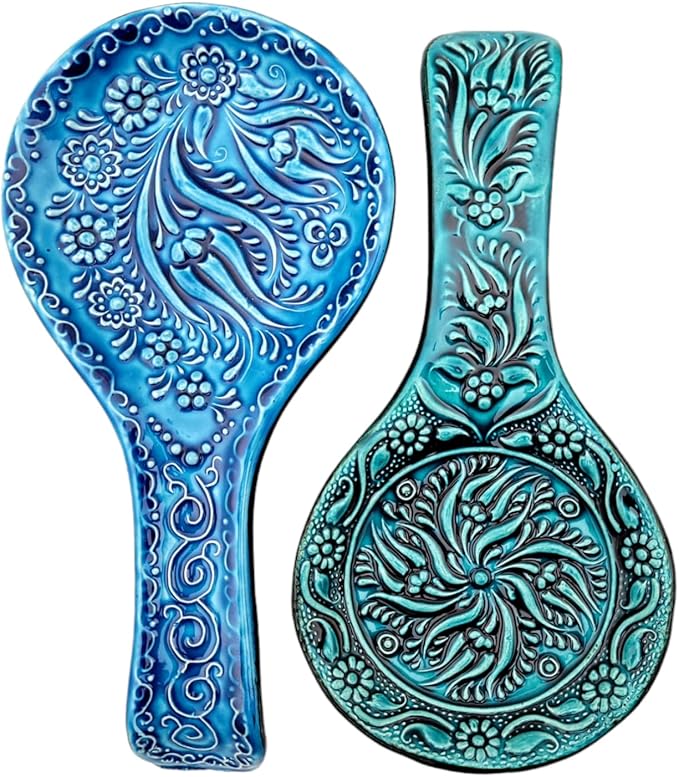 Turkish Ceramic Spoon Rest for Stove Top Set of 2-Spoon Holder for Countertop,Kitchen Decor for Counter-Handmade Dishwasher Safe