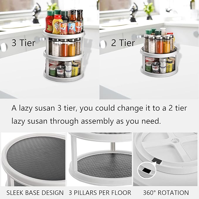 Yesland 3 Tier Lazy Susan Turntable - 12'' Round Tiered Rotating Kitchen Spice Organizer and Non-Skid Organization Storage Container - Tiered Tray for Fruit, Snacks, Cosmetic, Pantry, Bathroom(Grey)