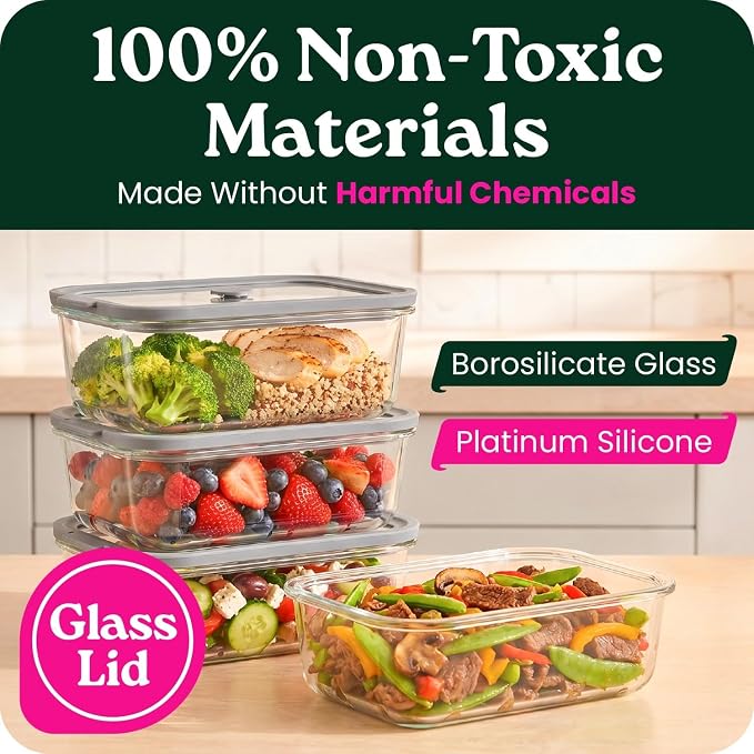 6 Pack Non-Toxic Glass Storage Containers with Glass Lids –27 Oz Borosilicate Glass Meal Prep Containers for Lunch, Airtight Food Storage, Microwave & Freezer Safe-Plastic Free