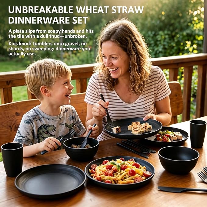 Plates and Bowls Sets for 4, Unbreakable Wheat Straw Dinnerware Sets 24 Piece, Microwave Safe Plates, Bowls and Cups Set, Dish Set for Camping, RV, Kitchen Essentials for New Apartment - Black