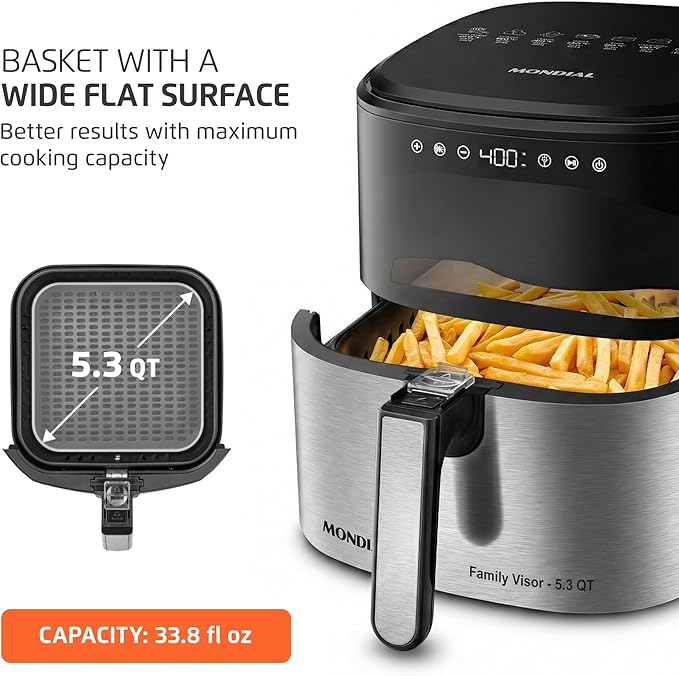 Mondial - Air Fryer Digital Visor Inox 5.3QT Capacity - High Power & Elegant Stainless Steel Finish - Black & Inox