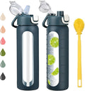 chunmo 24 oz Glass Water Bottles with 2 Lids-Handle Spout Lid & Straw Lid, Motivational Water Bottle with Time Marker and Silicone Sleeve,Leakproof-Dark Blue-1 Pack
