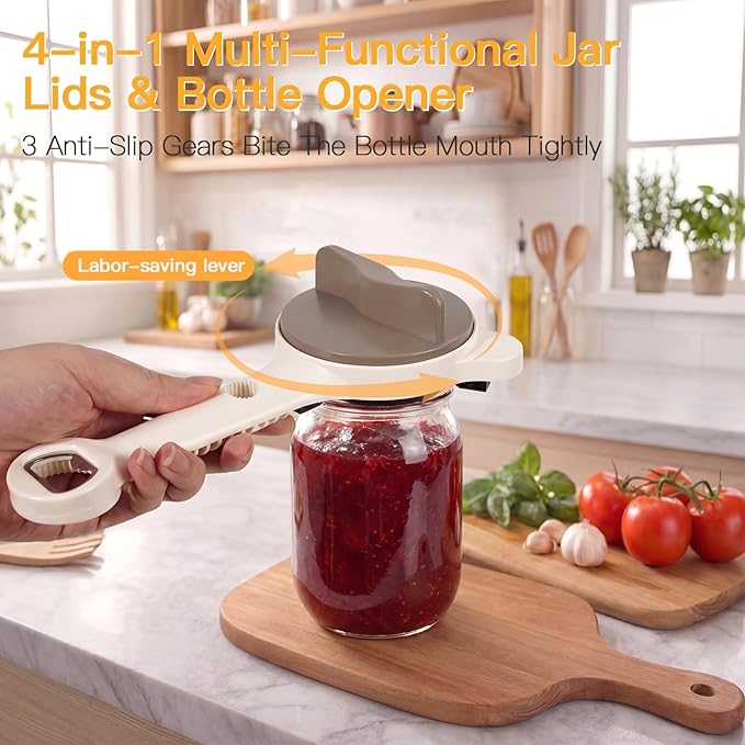 4-in-1 Multi-Functional Jar and Bottle Opener, Adjustable Stainless Steel Lid Remover for Weak Hands & Seniors, Fits Kitchen Jars, Bottles, Cans (Beige)