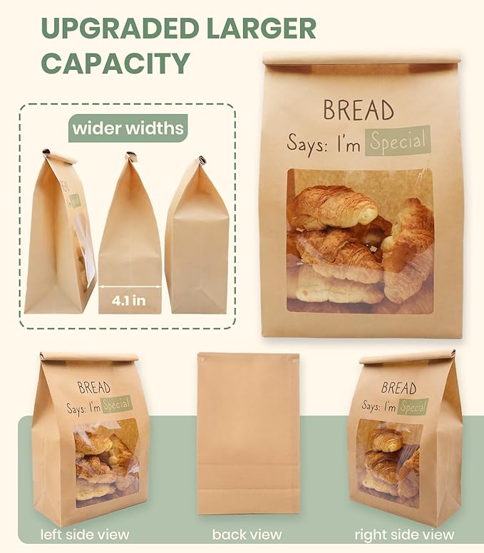 50PCS 2X Thicker Brown Paper Bread Bags with Tabs | Kraft Homemade Sourdough Round Loaf Storage for Gifting Packaging | Large Bakery Sour Dough Gift Bag with Window | 13.6x8.3x4.1in
