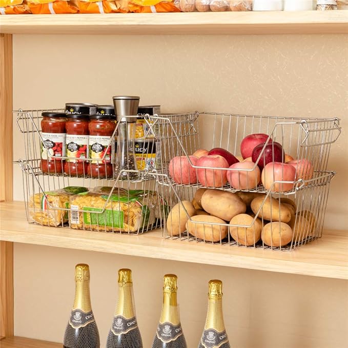 Stackable Wire Metal Baskets Fruit Vegetable Organization Pantry Cabinet Metal Bin Large Basket Shelves Storage for Kitchen Freezer, Set of 2