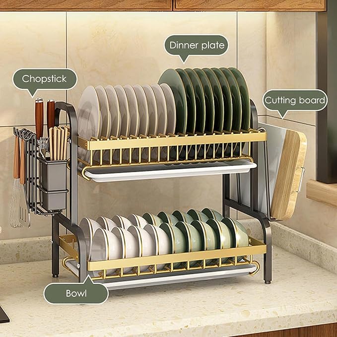 2/3 Tier Kitchen Counter Dish Drying Rack, Carbon Steel Dish Strainers with Drain Tray,Chopsticks Rack,Knife Holder, Over The Sink Dish Racks Storage Rack(W21(2 Tier), Green Gold)