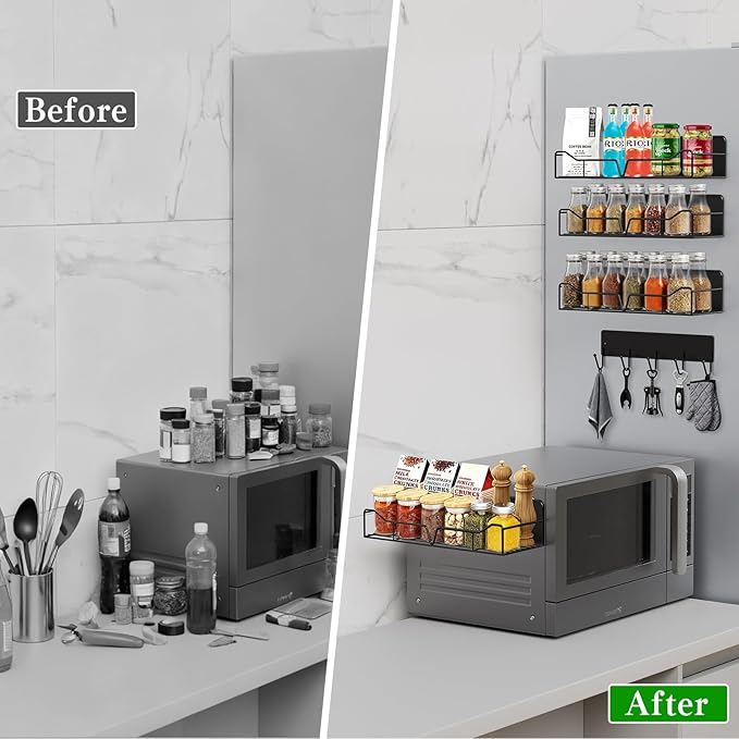 Magnetic Shelves for Washing Machine & Fridge Utentils Rack 5 Pack- Metal Heavy Duty Magnetic Shelf Magnetic Laundry Organizer with Hooks and Towel Holder for Magnetic Laundry Room Storage (Black)