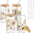 Mumufy 4 Pack Wildflower Glass Cups Gift Aesthetic Cute Glass Cup Tumbler Flower Iced Coffee Mugs 16 oz with Bamboo Lid & Straw, for Wedding Birthday Bridesmaid Mom Baby Shower