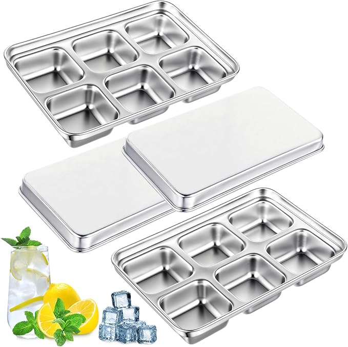 Domensi 2 Pack Stainless Steel Ice Cube Trays for Freezer Metal Ice Cube Trays with Lid Easy Release Molds Durable and Dishwasher Safe for Bars Kitchens Cocktail Freezer Whiskey