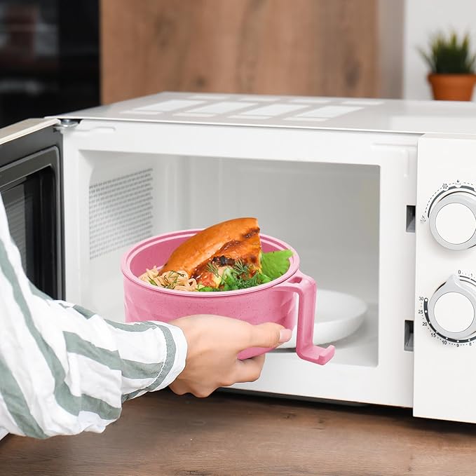 2 Sets Microwave Ramen Bowl 40 oz Wheat Fiber Portable Instant Noodle Cooker Bowl with Handles Strainer Spoon Chopstick Fork College Dorm Room Apartment Essentials(Pink, Light Green)