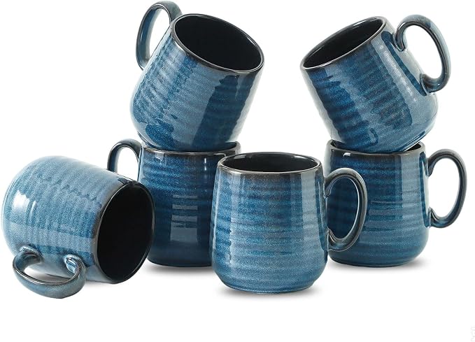 Coffee Mugs, 15 Ounce Ceramic Coffee Mug Set of 6, Reactive Glaze Tea Cups with Handle for Milk, Hot Cocos, Latte, Cappuccino, Blue Cup Gift for Man and Women, Dishwasher and Microwave Safe