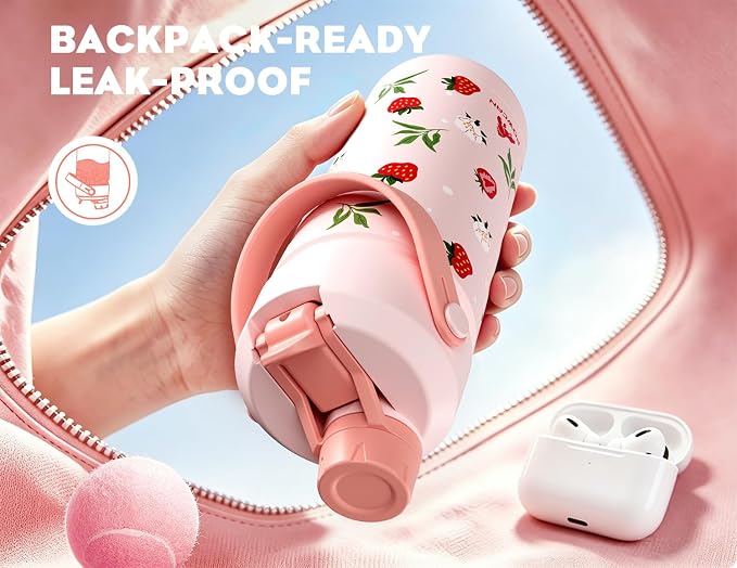 18 oz Kids Water Bottle: Leakproof, 2-in-1 Straw Spout Lid, BPA-Free, Easy Carry, Keep Cold 24H, Insulated Stainless Steel Cup for Backpack, Sports, Camping, Trip, Gift, Home (Sun-Kissed Strawberry)